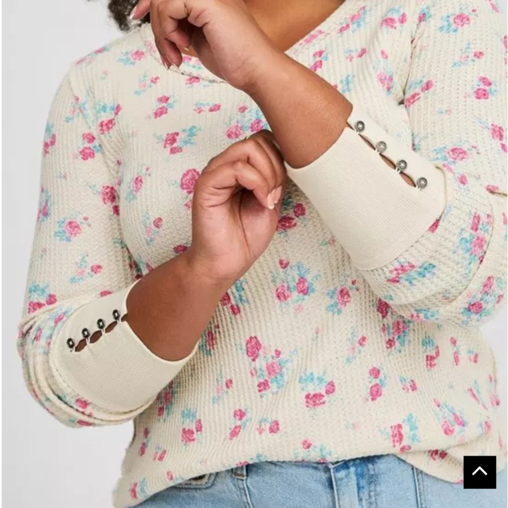 Waffle knit floral print thermal long sleeve tee size 3 22/24 coquette feminine